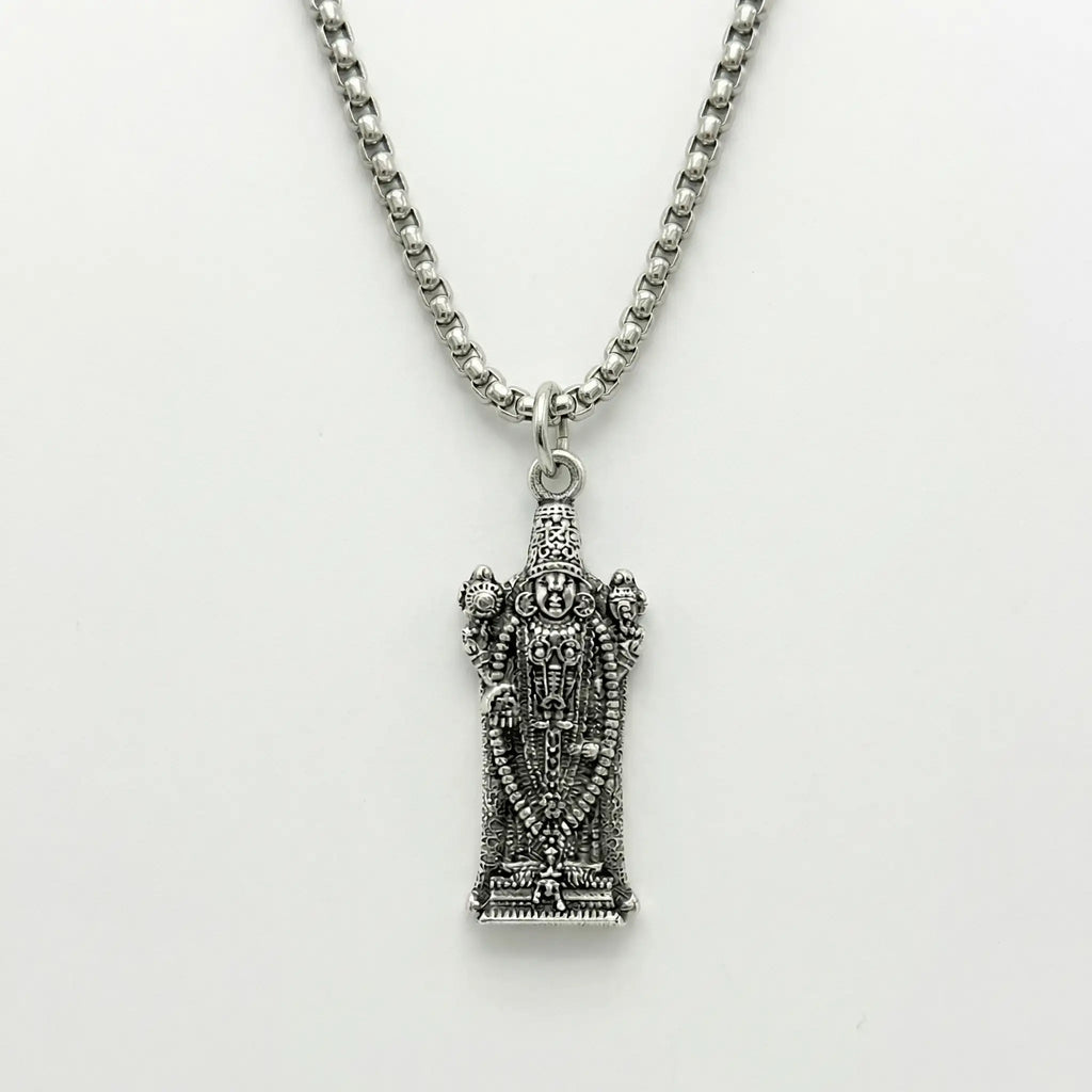 Tirupati Balaji Standing Silver Plated Pendant Necklace - Anti Tarnish
