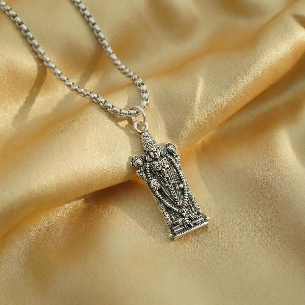 Tirupati Balaji Standing Silver Plated Pendant Necklace - Anti Tarnish