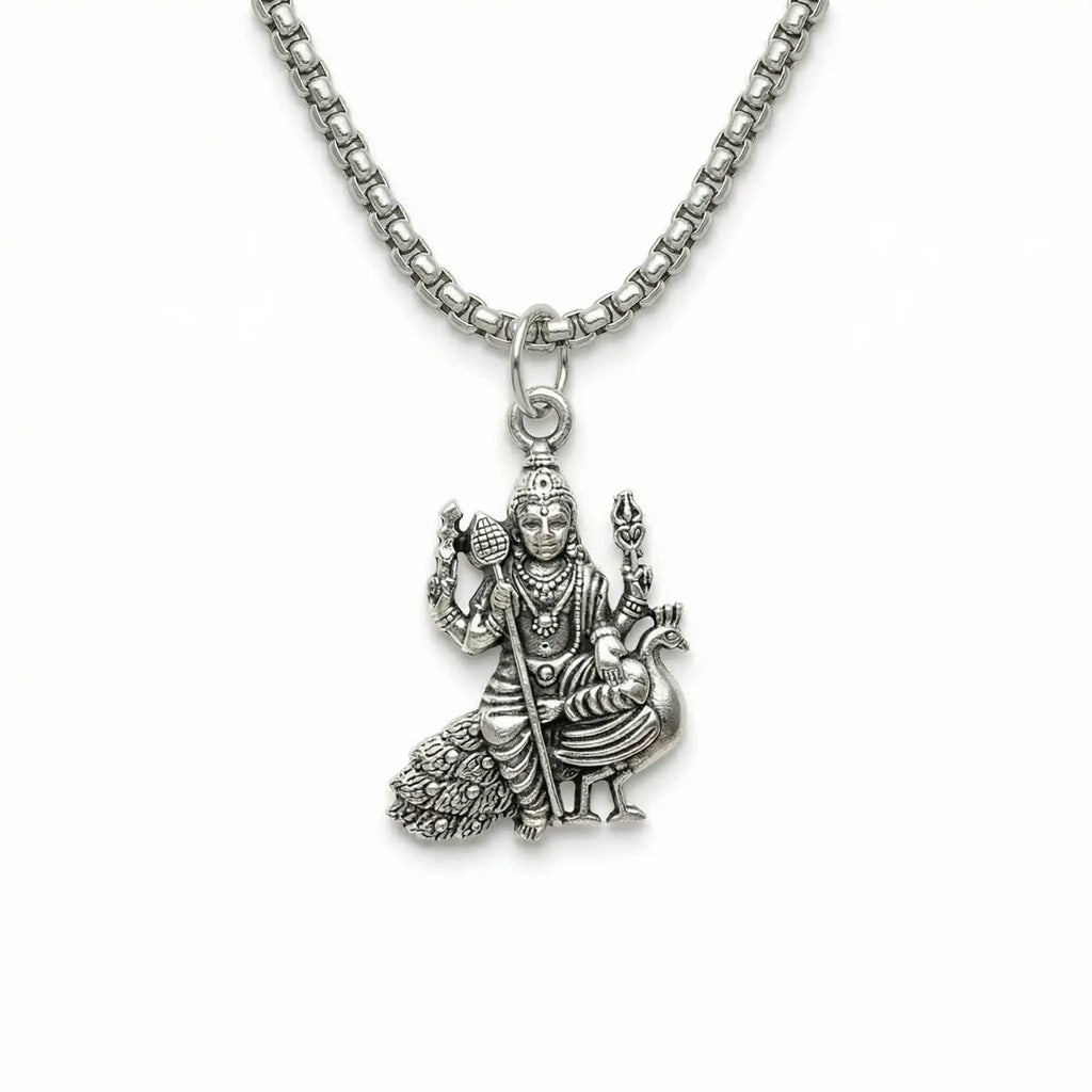 Lord Murugan Kartikeya Seated Silver Plated Pendant Necklace - Anti Tarnish