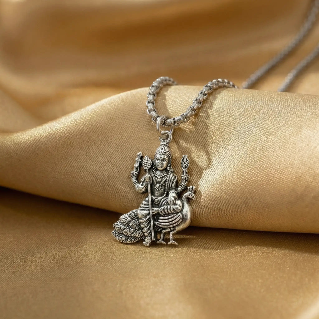 Lord Murugan Kartikeya Seated Silver Plated Pendant Necklace - Anti Tarnish