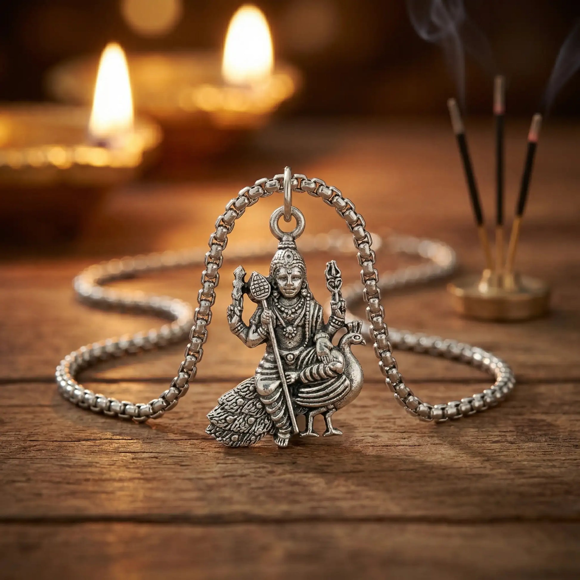 Lord Murugan Kartikeya Seated Silver Plated Pendant Necklace - Anti Tarnish