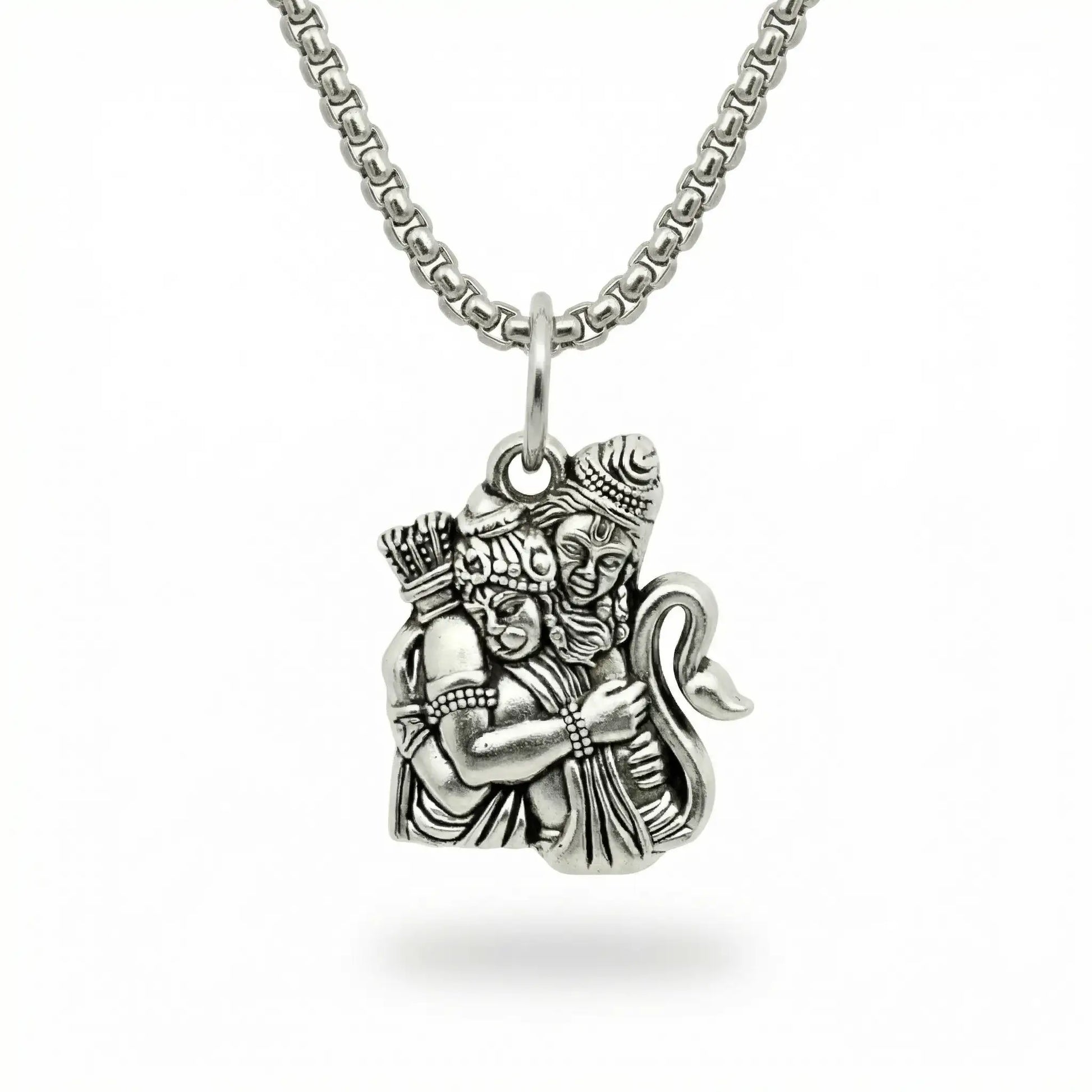 Ram Hanuman Embrace Silver Plated Pendant Necklace - Anti Tarnish