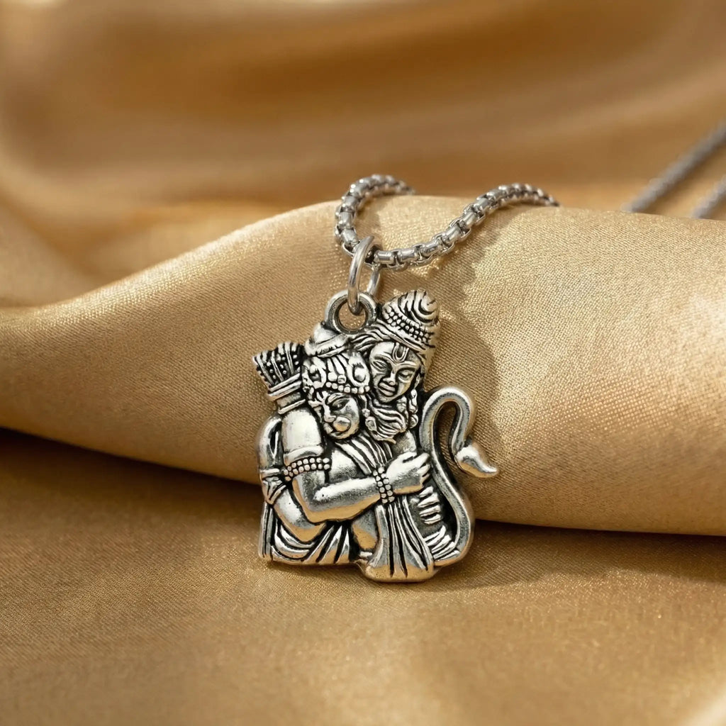 Ram Hanuman Embrace Silver Plated Pendant Necklace - Anti Tarnish