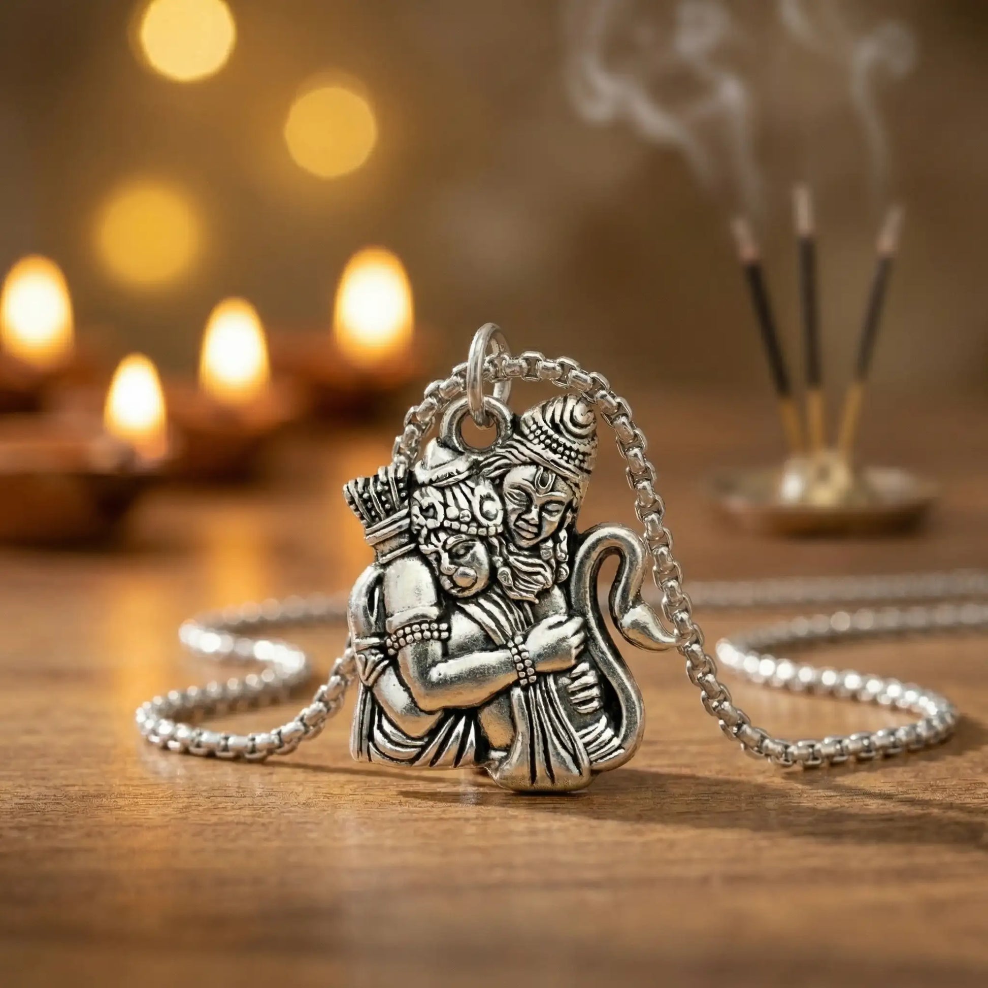Ram Hanuman Embrace Silver Plated Pendant Necklace - Anti Tarnish