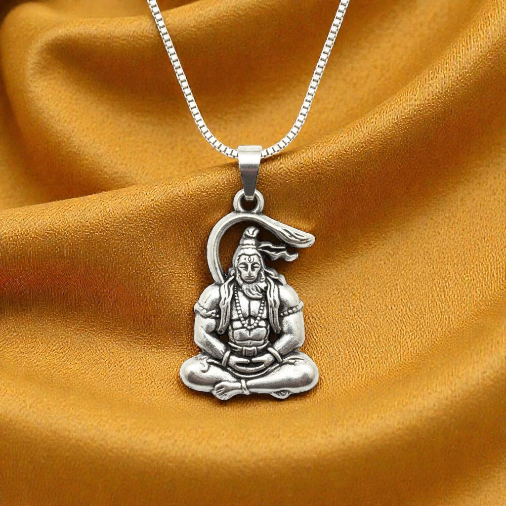Yogi Hanuman Meditation Silver Plated Pendant Necklace - Anti Tarnish