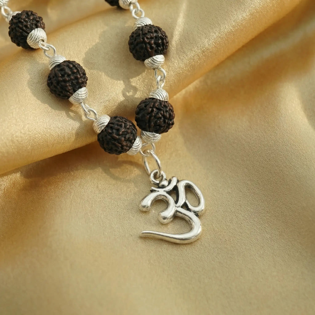 Om Rudraksha Mala Pendant Necklace - Silver Plated Anti Tarnish